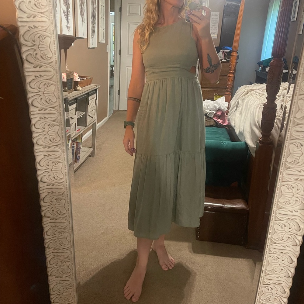 Sage green cutout tea length dress
